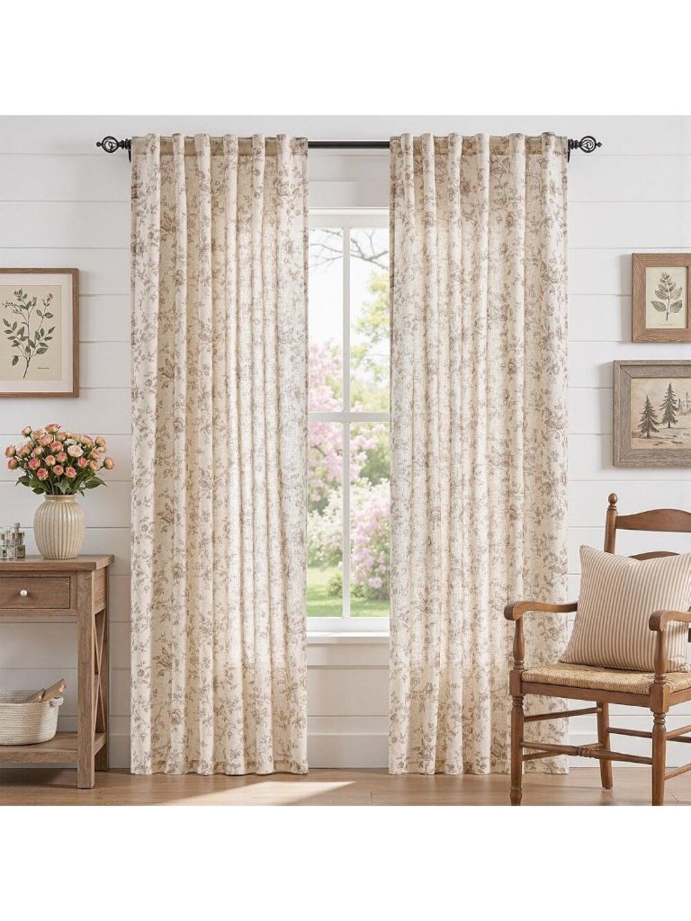 Elegant Taupe Floral Linen Curtains 90" | Farmhouse Rod Pocket | 2 Panels Set